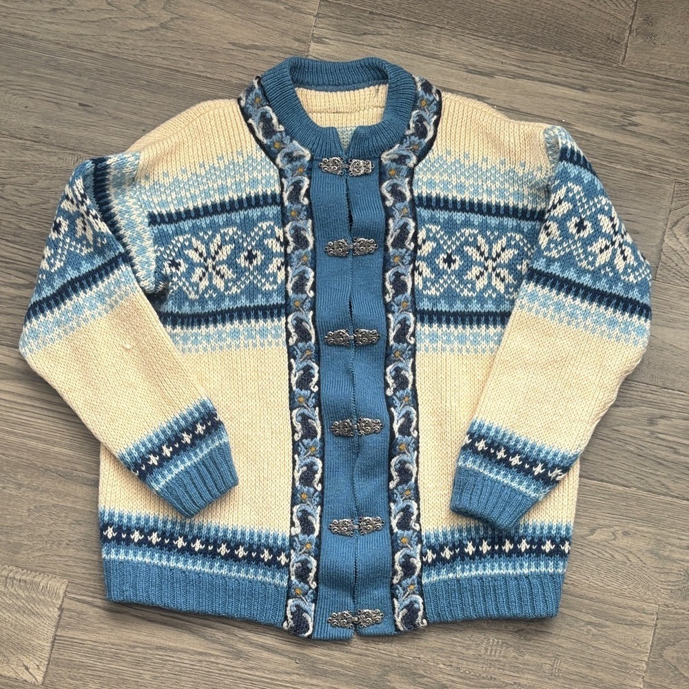 Blue and Cream Nordic Knit Sweater Cardigan